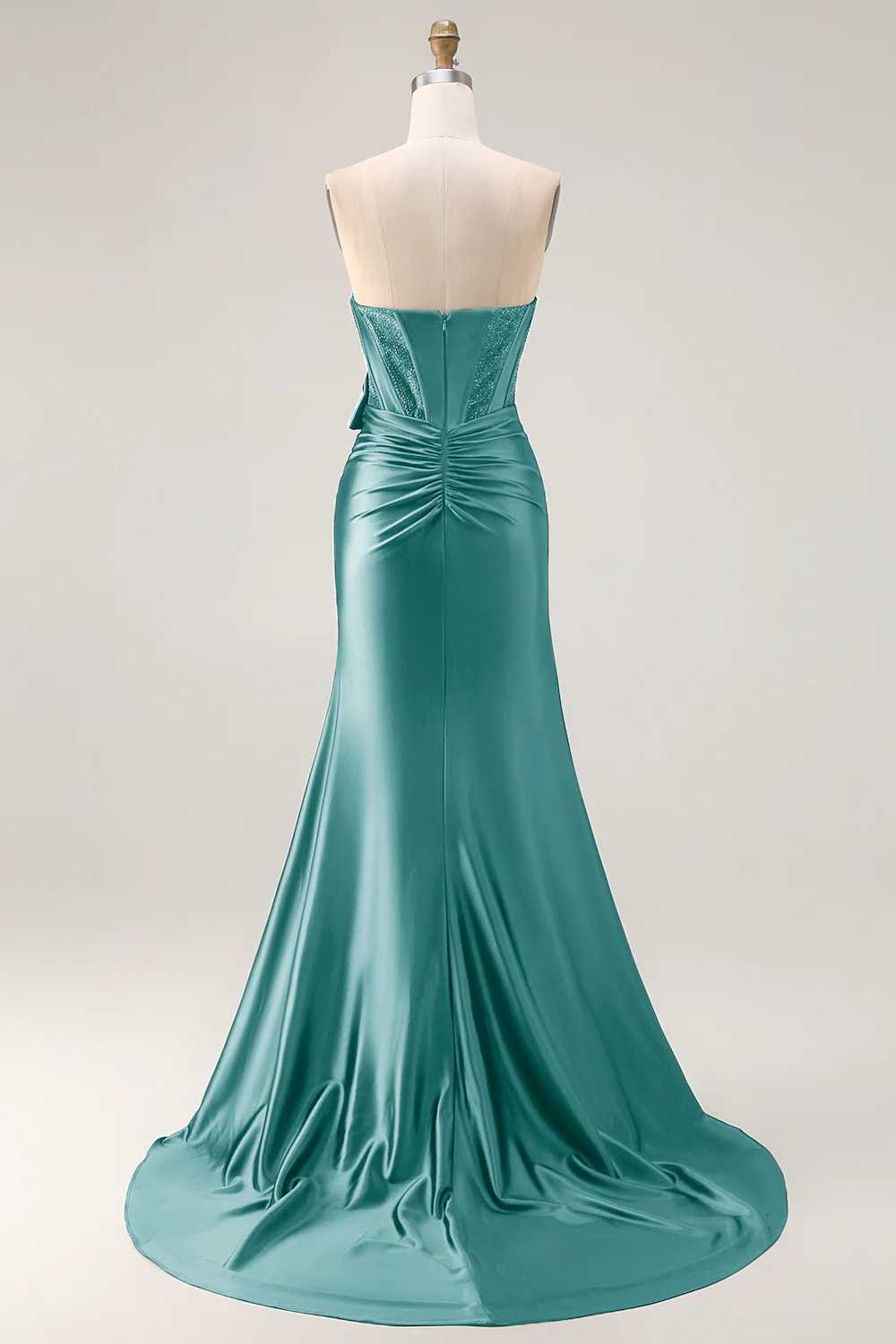 Navy Mermaid Strapless Beaded Corset Ruched Long Prom Dress with Bow - Image 28