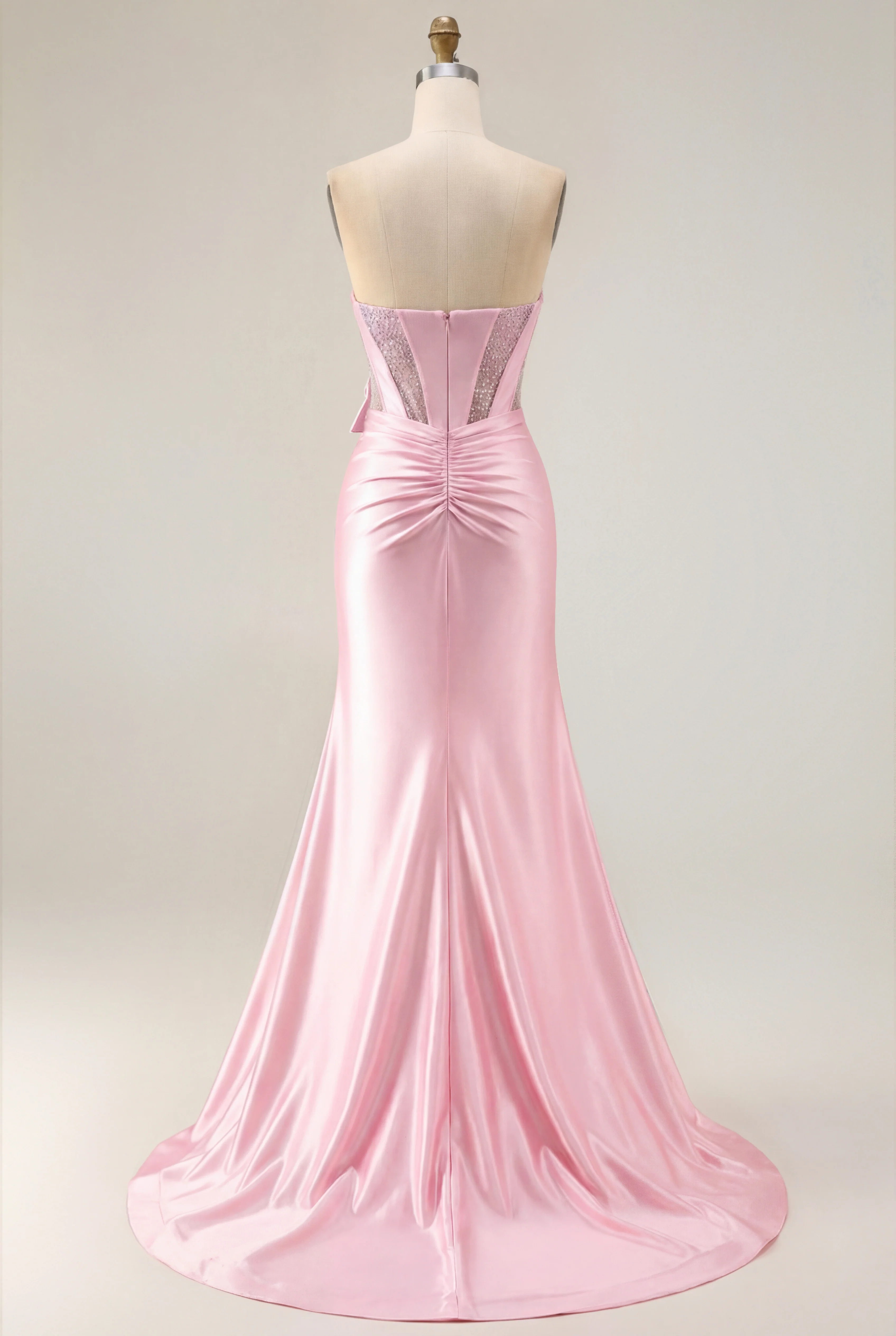 Navy Mermaid Strapless Beaded Corset Ruched Long Prom Dress with Bow - Image 29