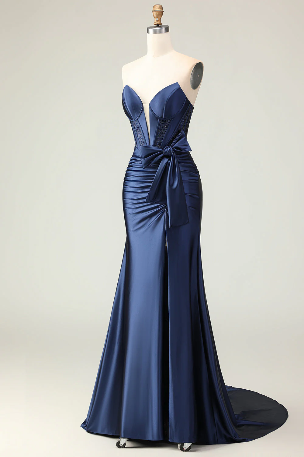 Navy Mermaid Strapless Beaded Corset Ruched Long Prom Dress with Bow - Image 5