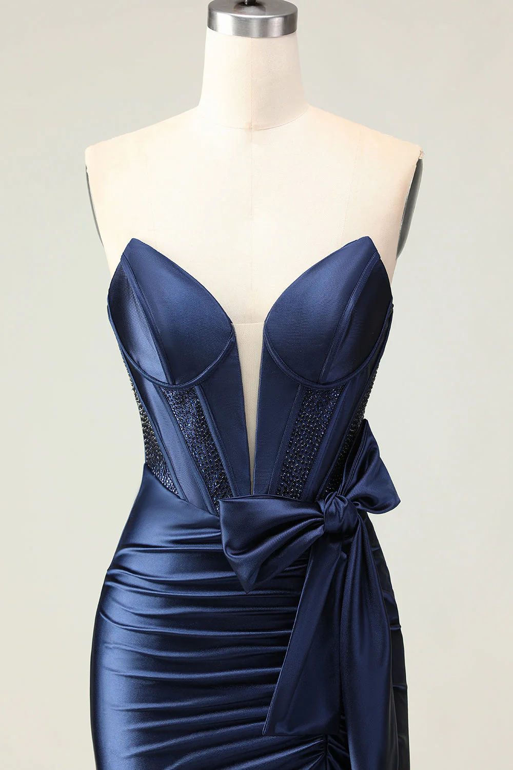 Navy Mermaid Strapless Beaded Corset Ruched Long Prom Dress with Bow - Image 6
