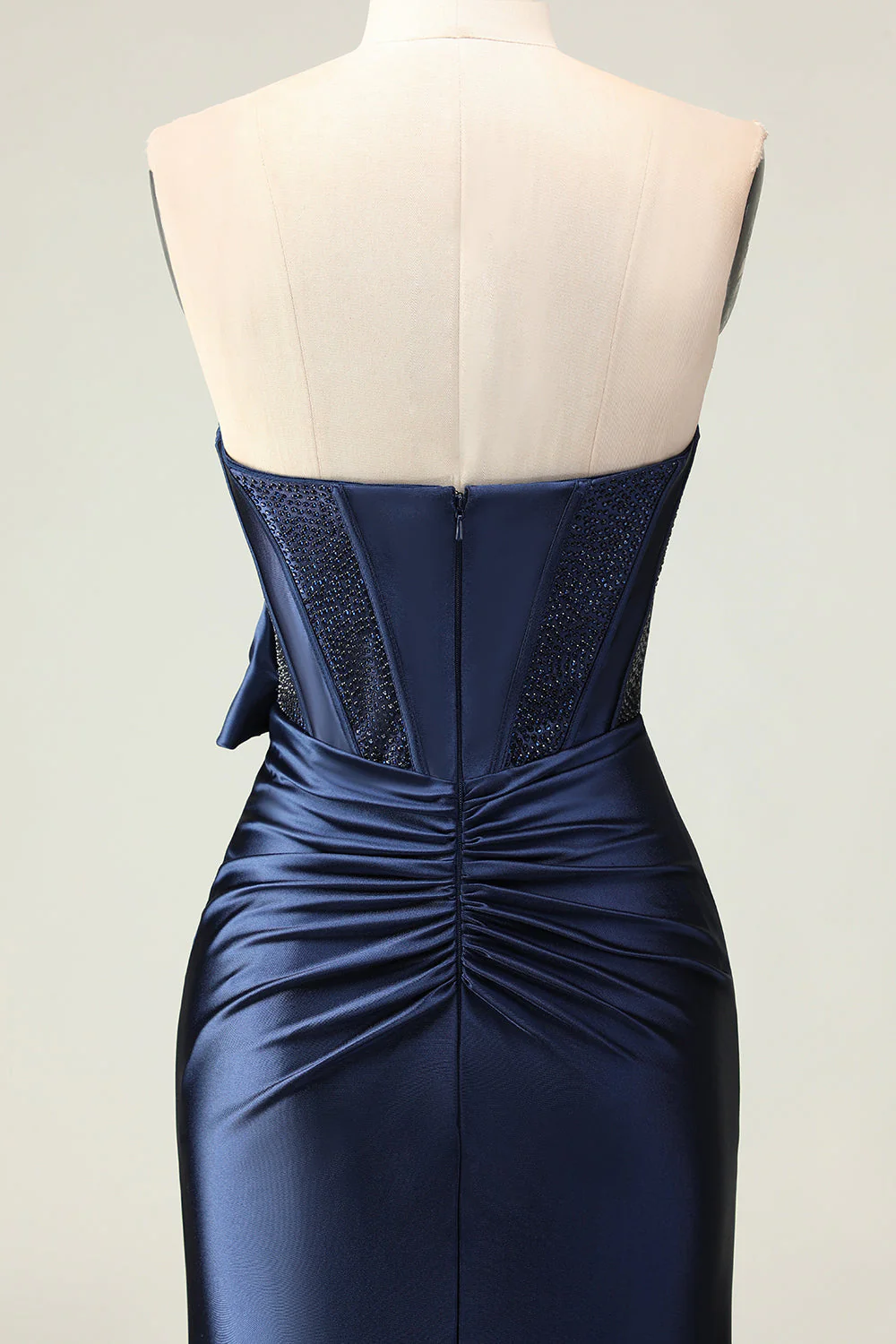 Navy Mermaid Strapless Beaded Corset Ruched Long Prom Dress with Bow - Image 7
