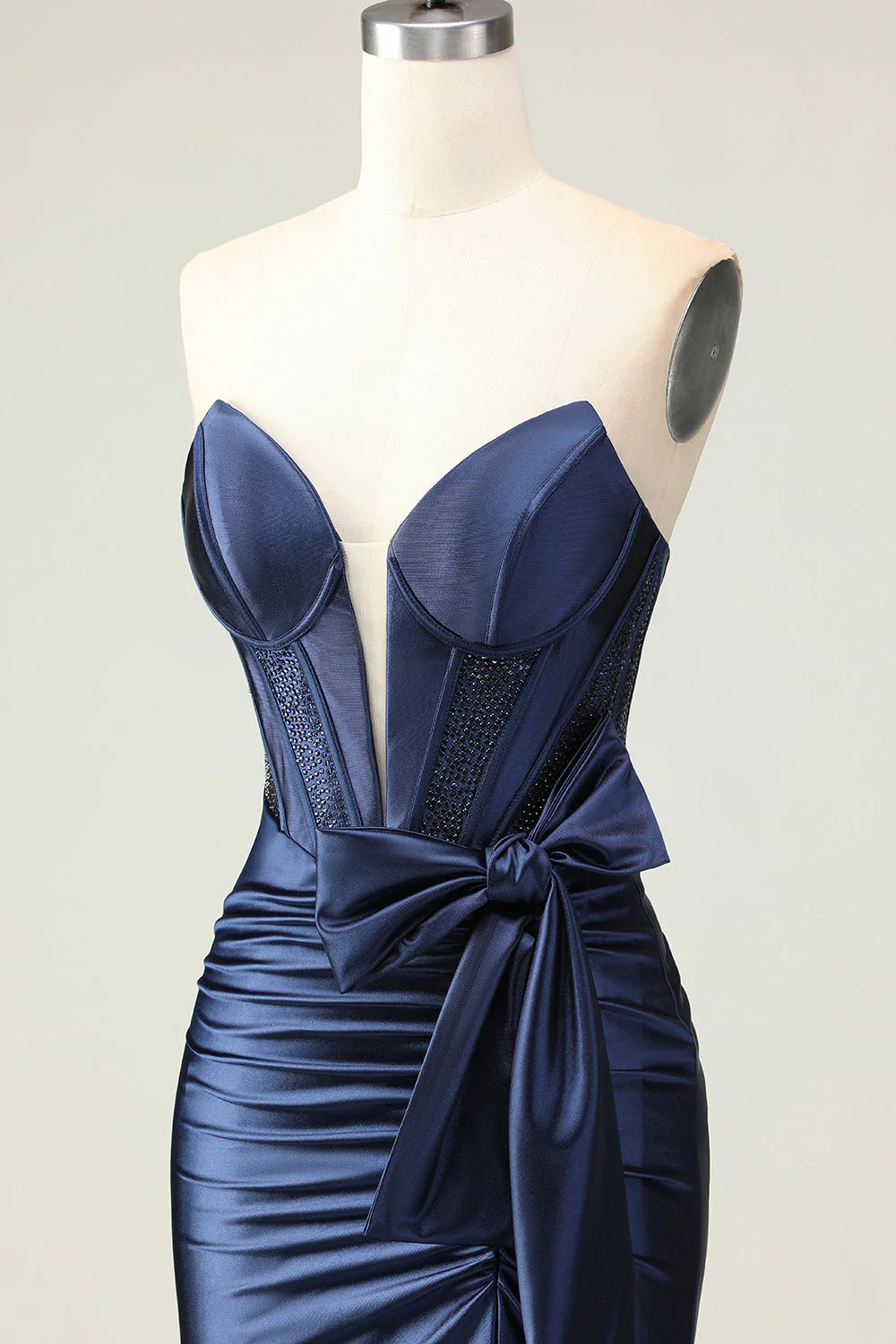 Navy Mermaid Strapless Beaded Corset Ruched Long Prom Dress with Bow - Image 8
