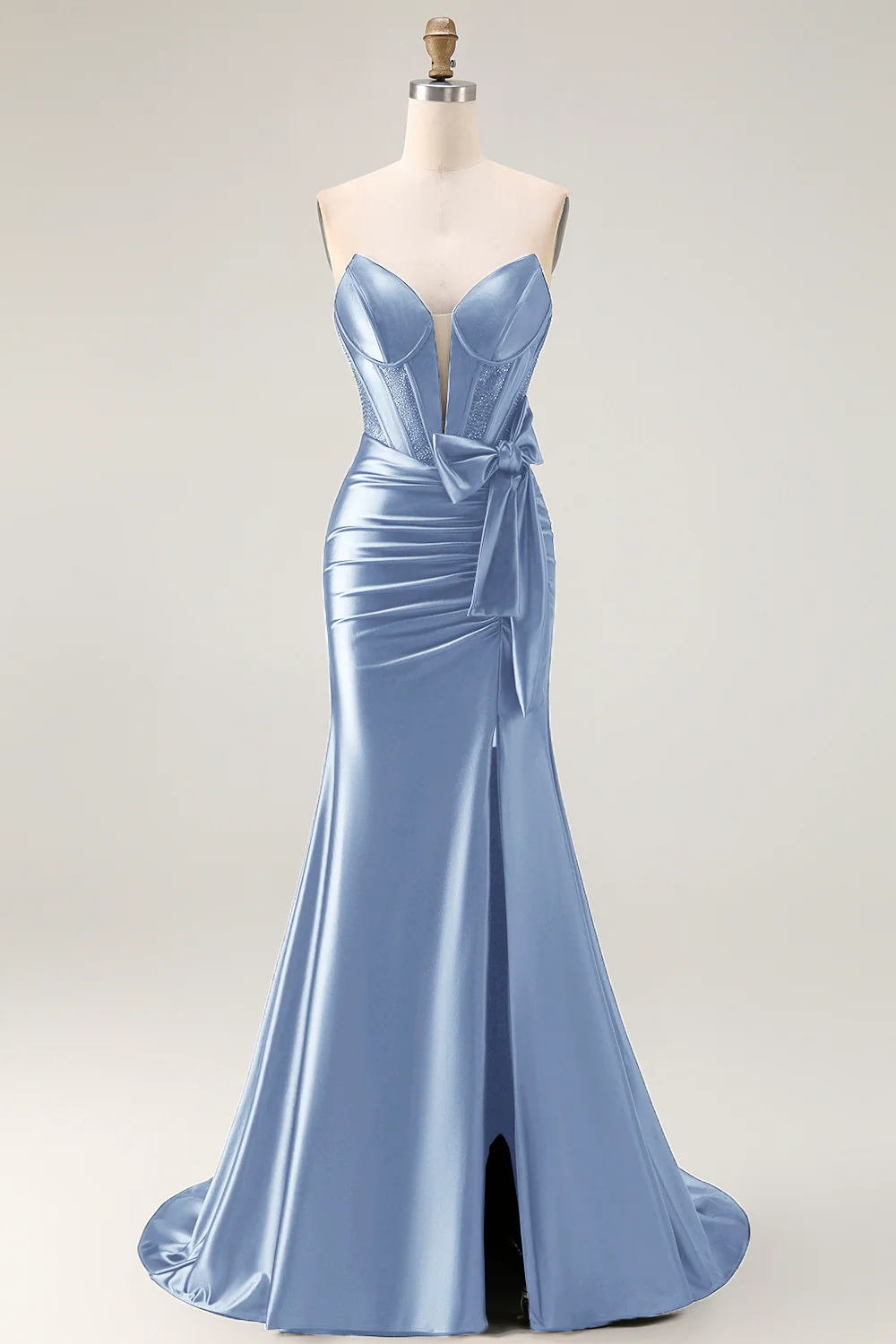 Navy Mermaid Strapless Beaded Corset Ruched Long Prom Dress with Bow - Image 9
