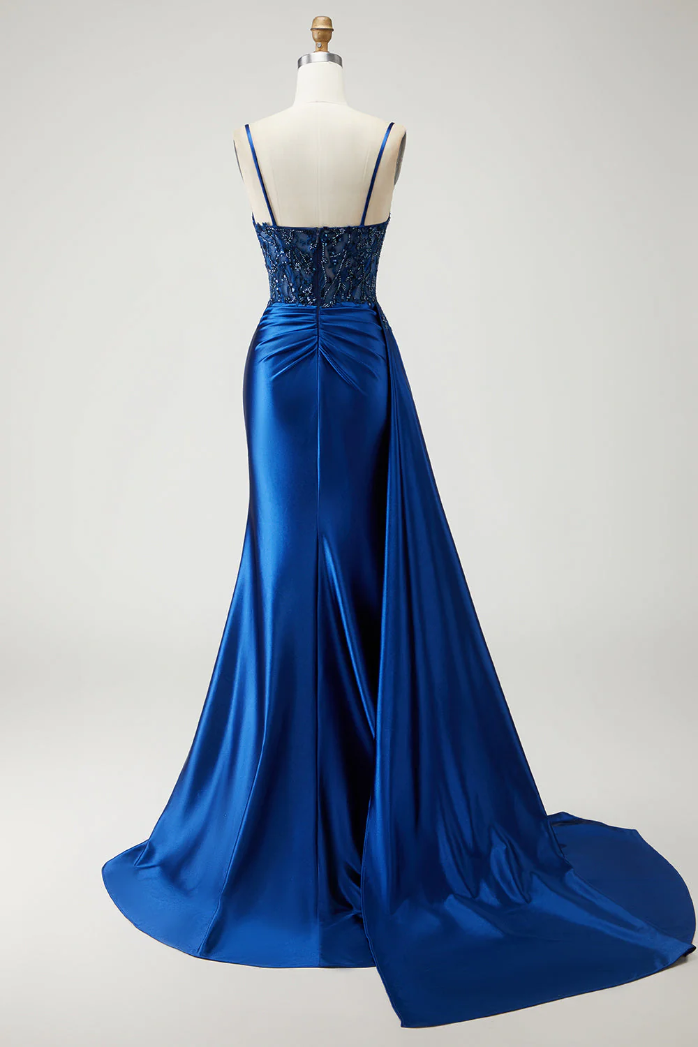 Navy Mermaid Streamer Beaded Ruched Long Prom Dress with Slit - Image 2