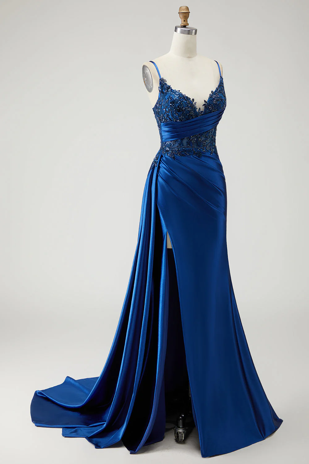 Navy Mermaid Streamer Beaded Ruched Long Prom Dress with Slit - Image 3