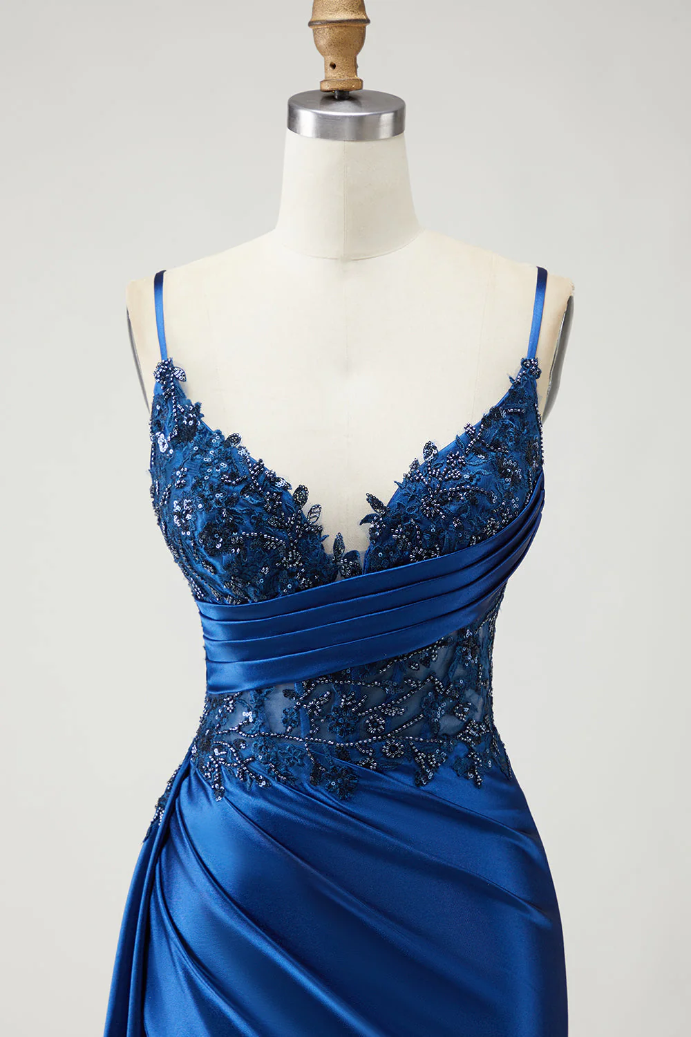 Navy Mermaid Streamer Beaded Ruched Long Prom Dress with Slit - Image 4