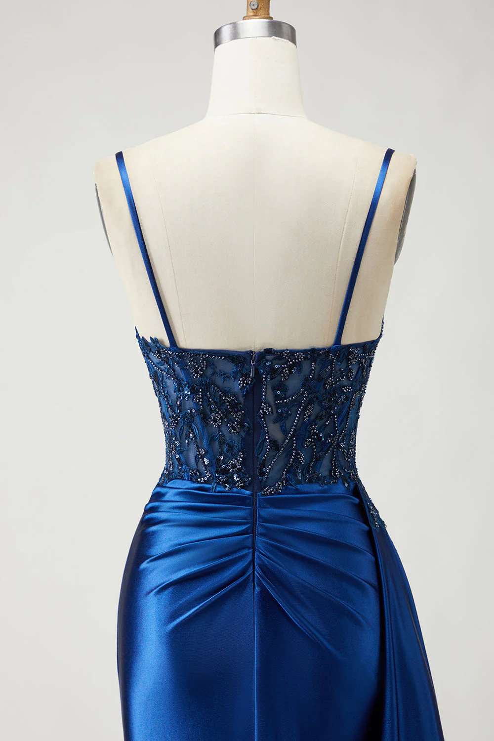 Navy Mermaid Streamer Beaded Ruched Long Prom Dress with Slit - Image 5