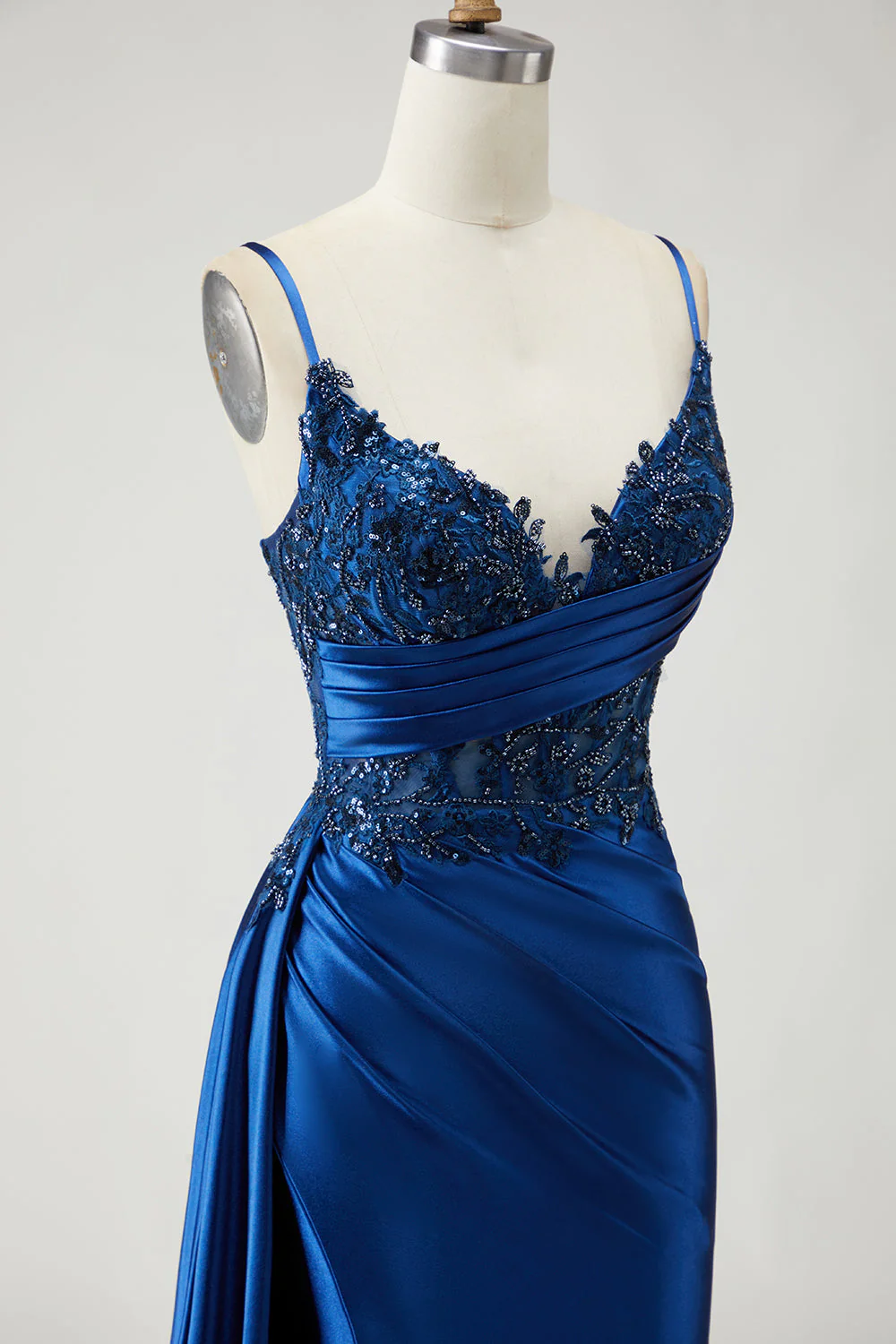 Navy Mermaid Streamer Beaded Ruched Long Prom Dress with Slit - Image 6