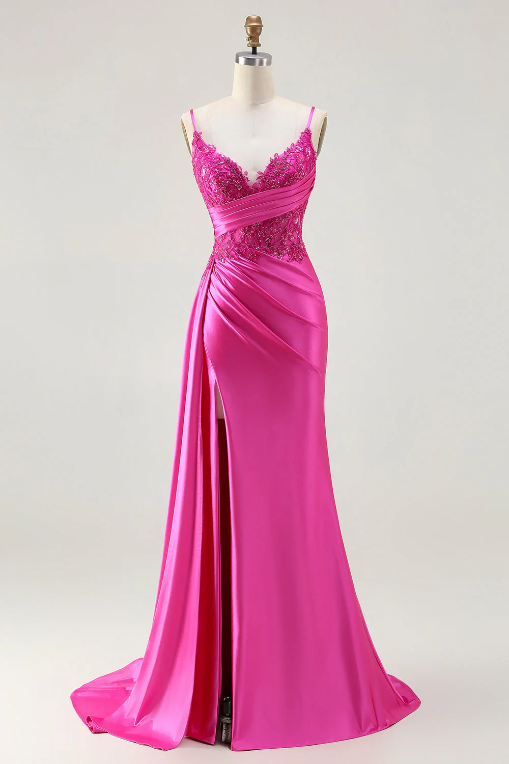 Navy Mermaid Streamer Beaded Ruched Long Prom Dress with Slit - Image 7