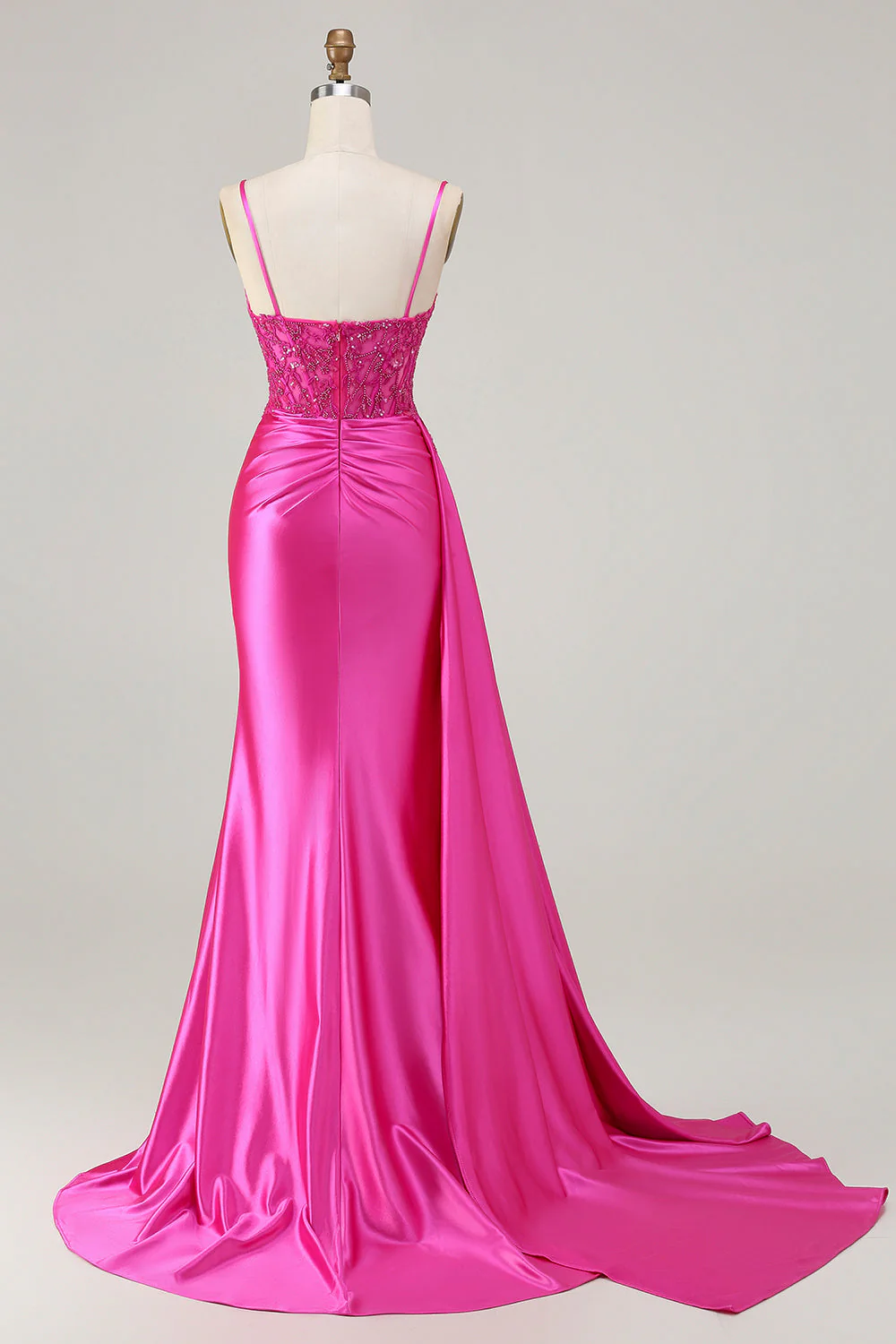 Navy Mermaid Streamer Beaded Ruched Long Prom Dress with Slit - Image 8