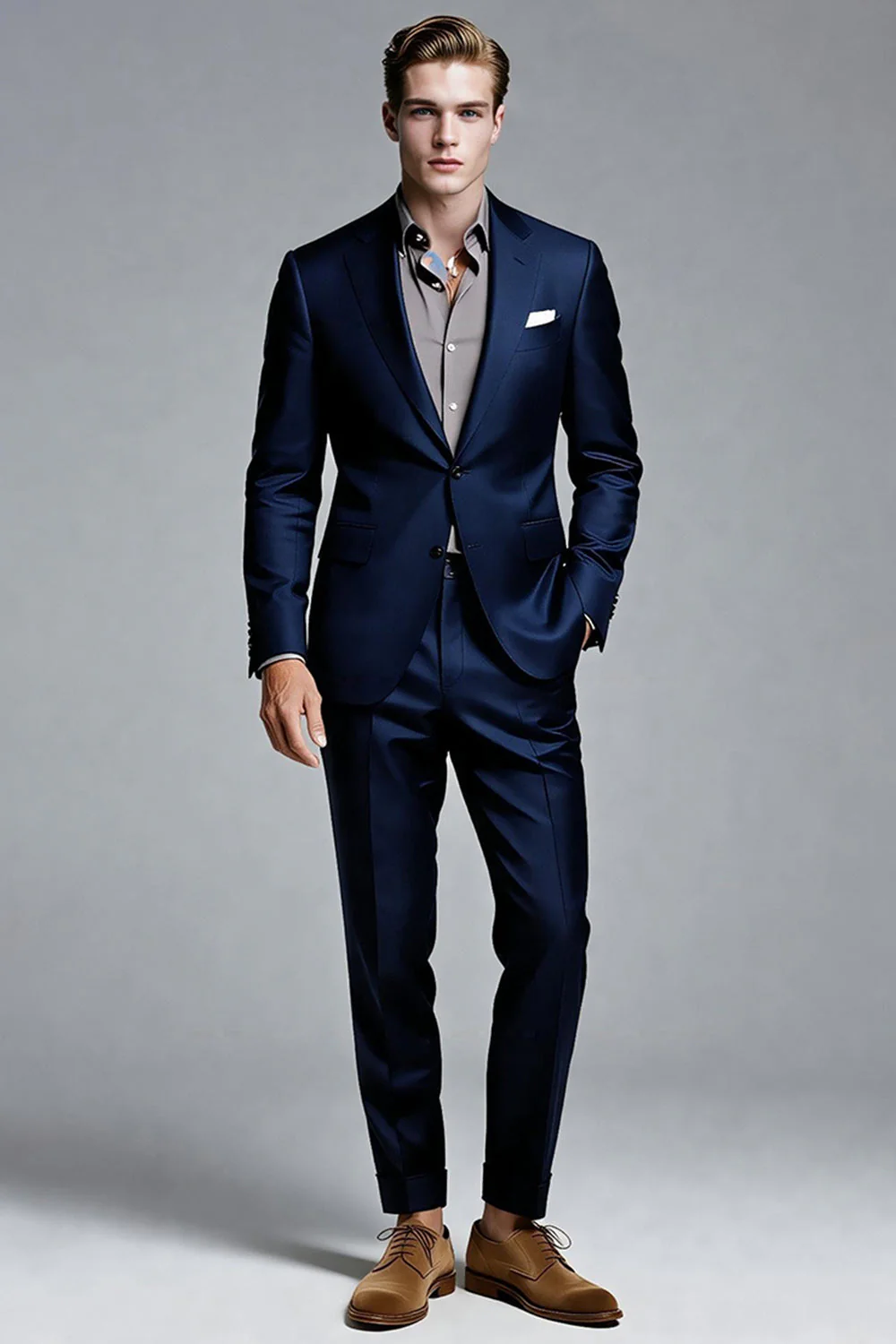 Navy Notched Lapel Single Breasted Men Formal Blazer - Image 2