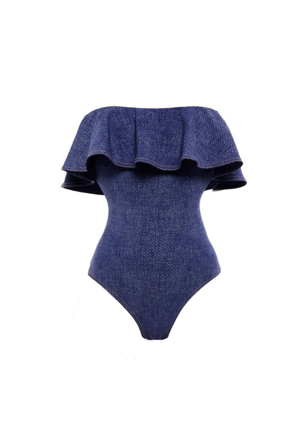 Navy Off The Shoulder 2 Piece Striped Swimsuit with Cover Up - Image 2