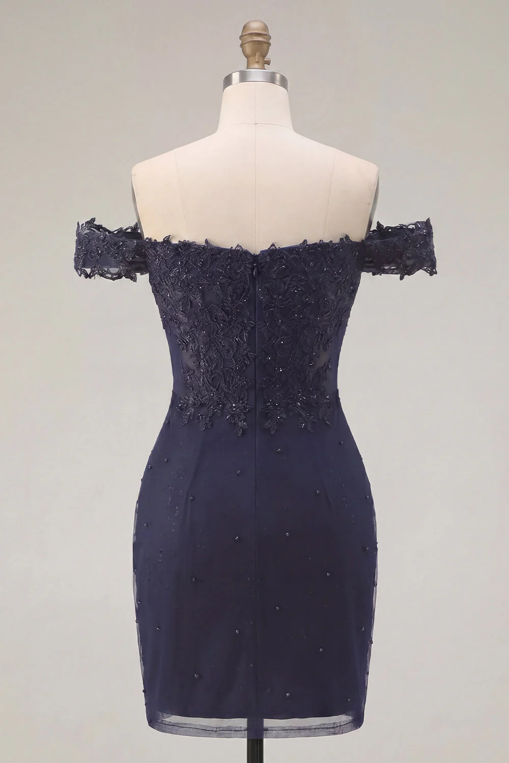 Navy Off the Shoulder Beaded Bodycon Cocktail Dress - Image 2
