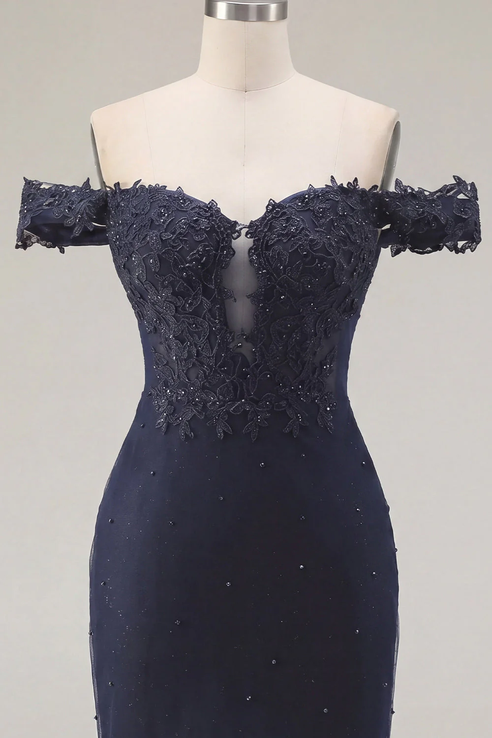 Navy Off the Shoulder Beaded Bodycon Cocktail Dress - Image 5