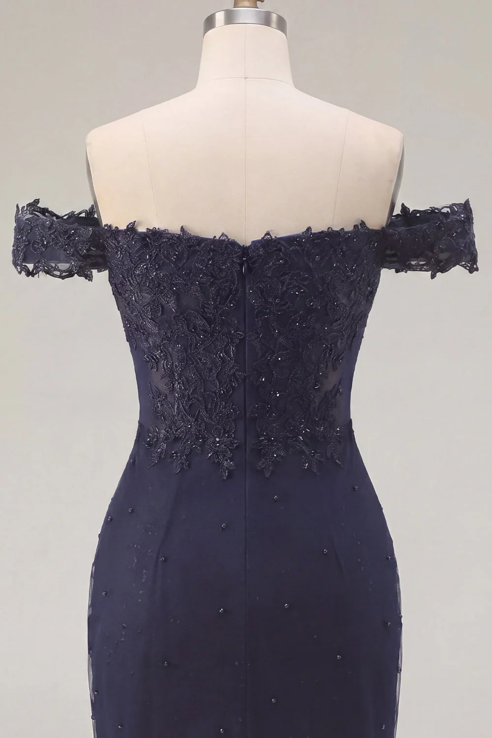Navy Off the Shoulder Beaded Bodycon Cocktail Dress - Image 6