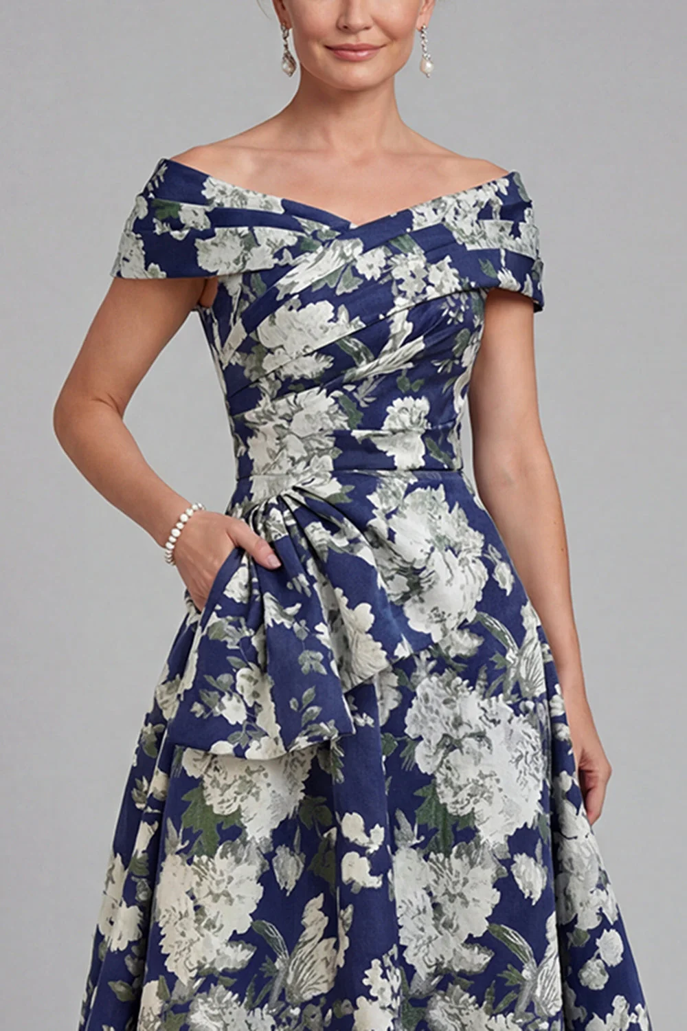Navy Floral Off The Shoulder A Line Printed Mother of the Bride Dress with Pockets - Image 3