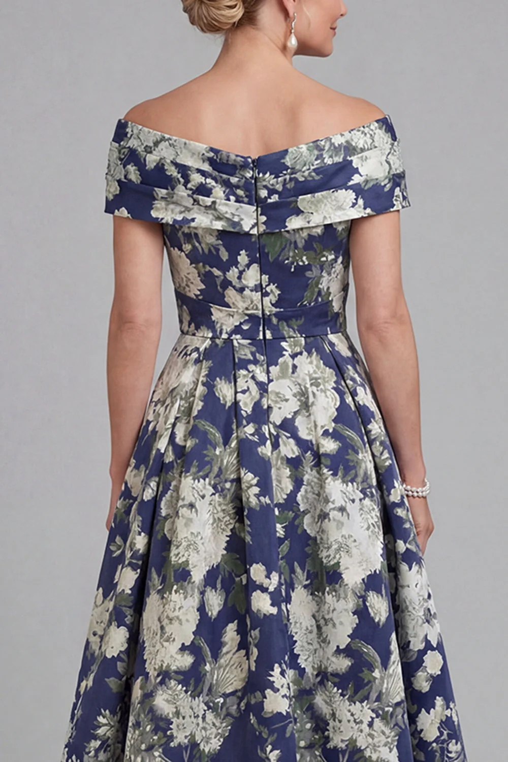 Navy Floral Off The Shoulder A Line Printed Mother of the Bride Dress with Pockets - Image 4