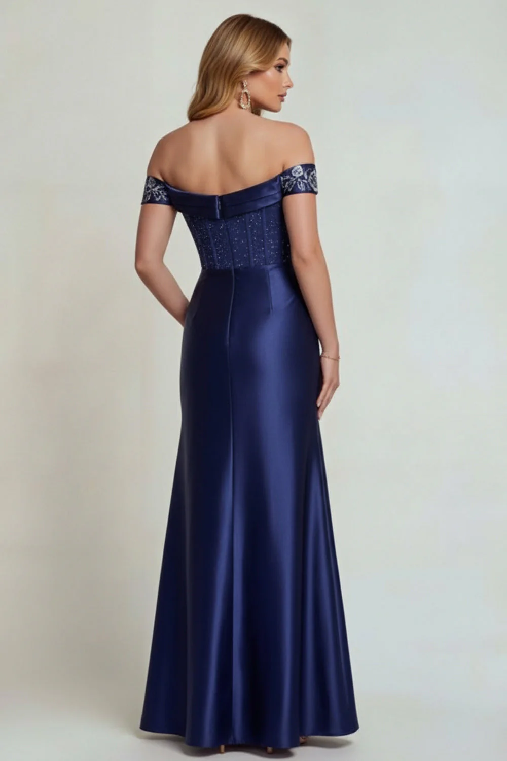 Off the Shoulder Navy Satin Embroidered Mother of the Bride Dress with Slit - Image 2