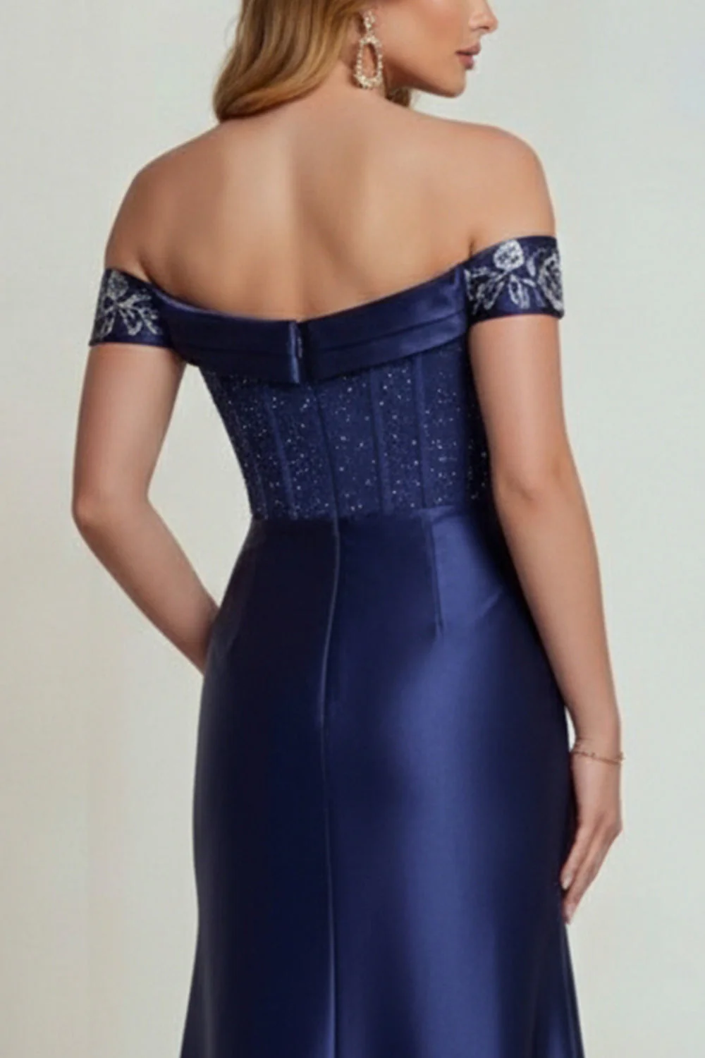 Off the Shoulder Navy Satin Embroidered Mother of the Bride Dress with Slit - Image 4
