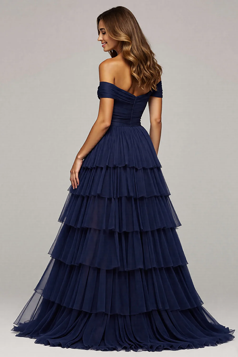 Navy Off The Shoulder Tiered Long Prom Dress With Slit - Image 2