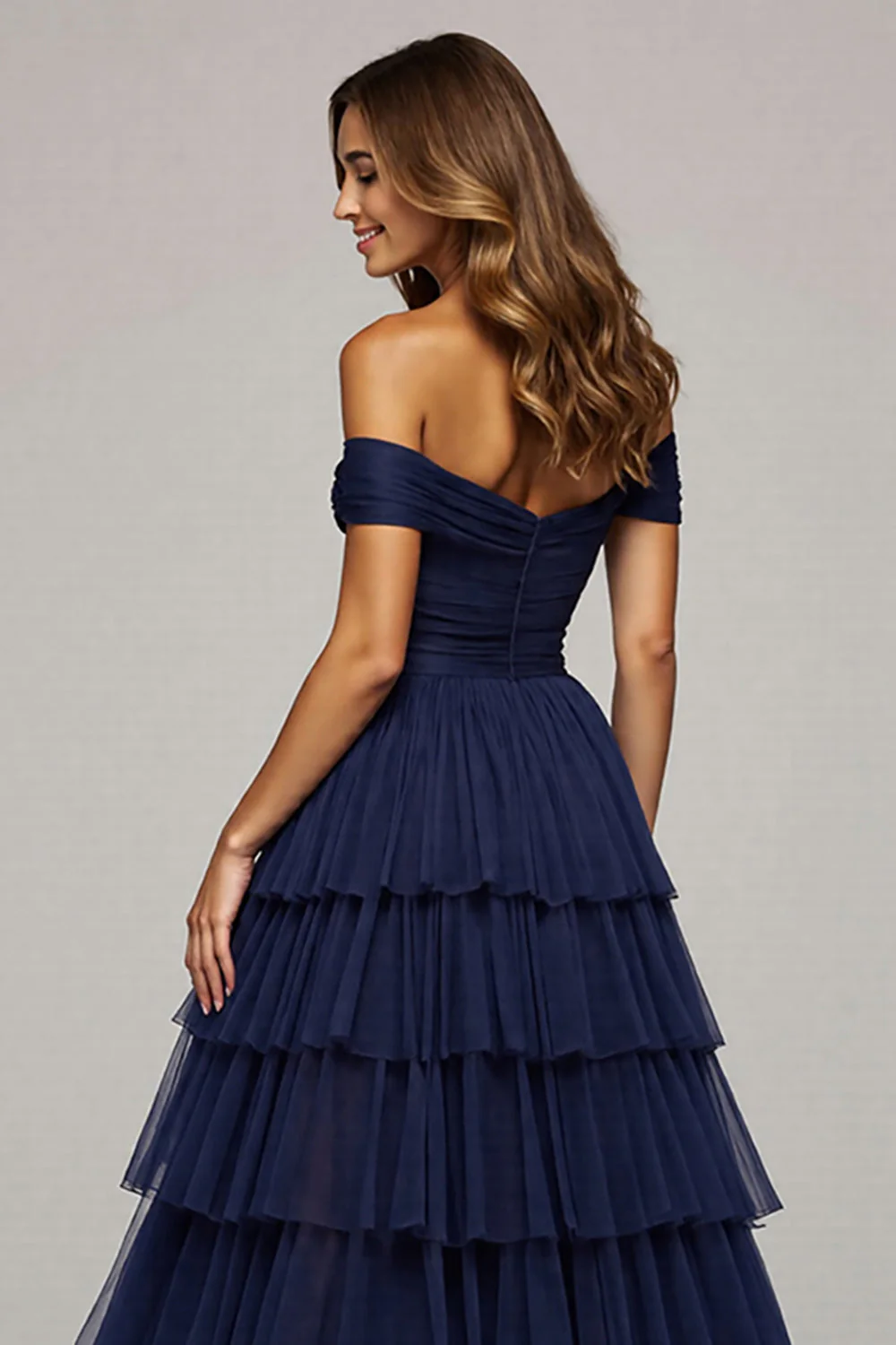 Navy Off The Shoulder Tiered Long Prom Dress With Slit - Image 4