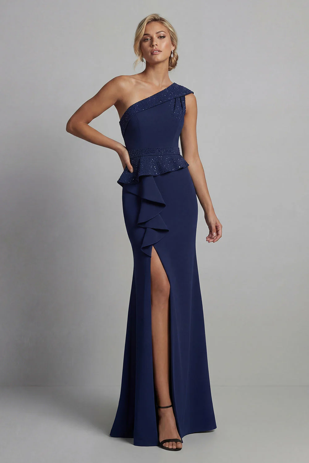 Navy One Shoulder Long Beaded Mermaid Mother of the Bride Dress with Slit - Image 3