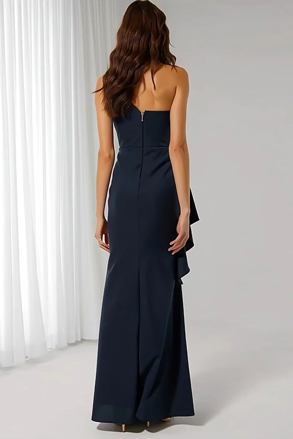 Navy One Shoulder Mermaid Long Bridesmaid Dress with Sash - Image 2