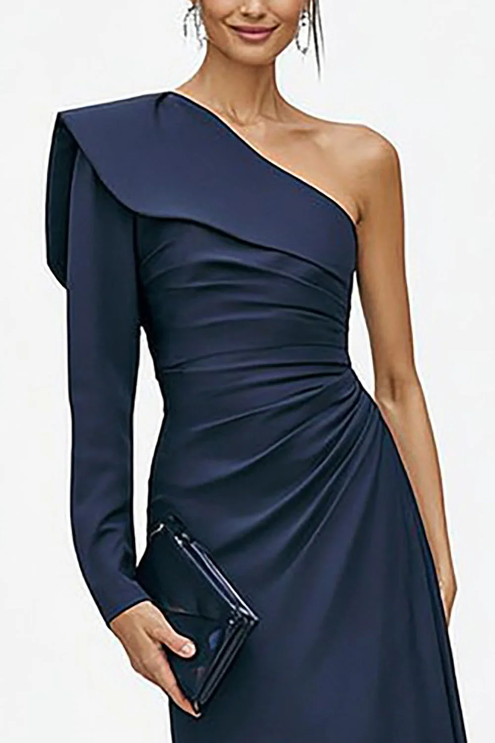 Navy One Shoulder Mermaid Long Sleeve Evening Dress - Image 2