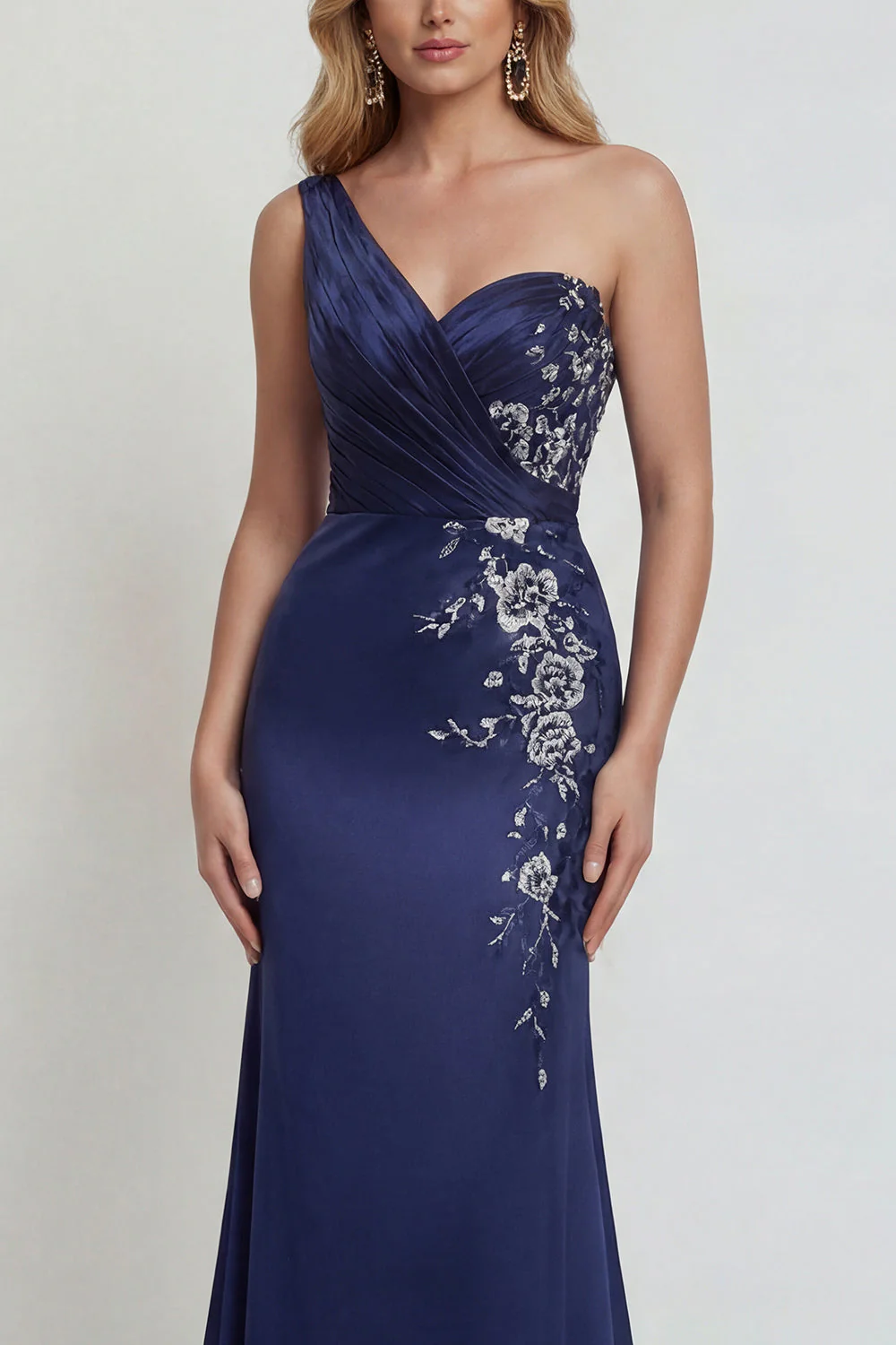 One Shoulder Navy Mermaid Mother of the Bride Dress with Embroidery - Image 3