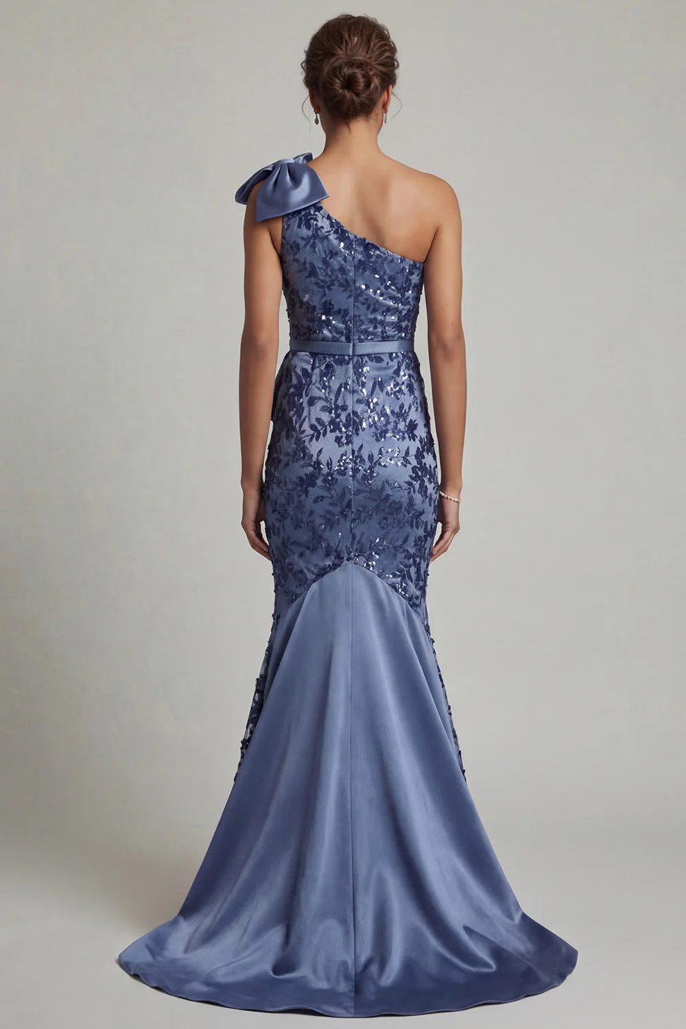 Navy One Shoulder Mermaid Sequin Long Mother of the Bride Dress with Bow - Image 2