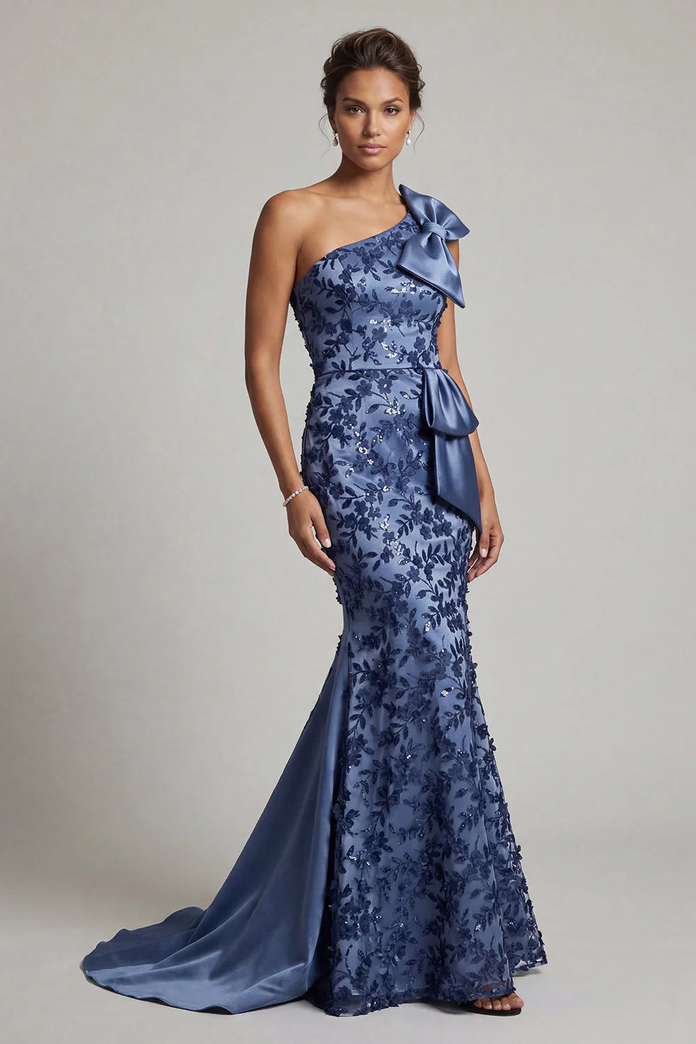 Navy One Shoulder Mermaid Sequin Long Mother of the Bride Dress with Bow - Image 3