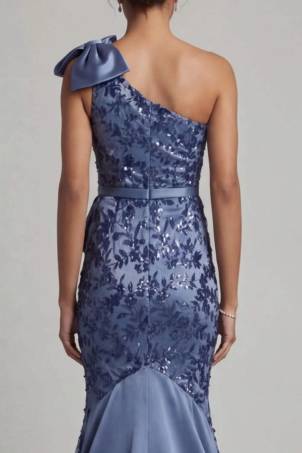 Navy One Shoulder Mermaid Sequin Long Mother of the Bride Dress with Bow - Image 5