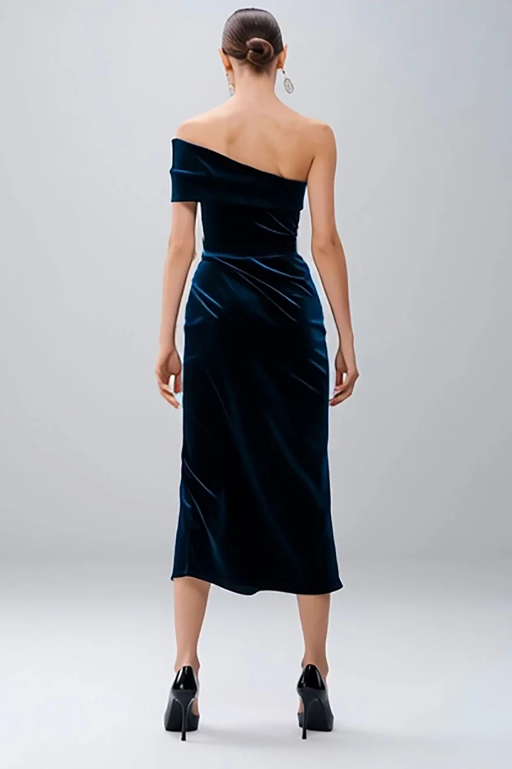 Navy One Shoulder Midi Sheath Velvet Formal Dress with Slit - Image 2