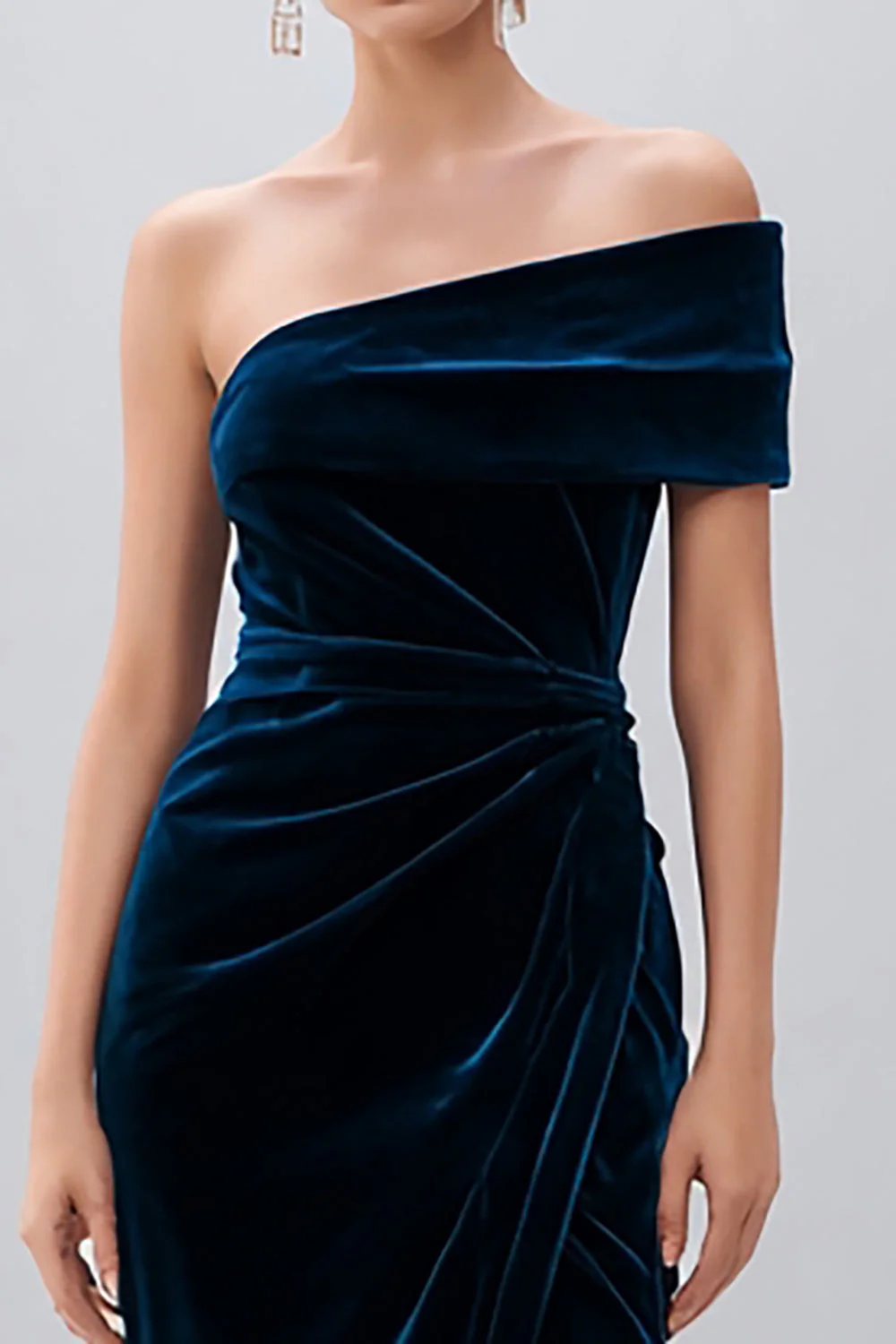 Navy One Shoulder Midi Sheath Velvet Formal Dress with Slit - Image 3