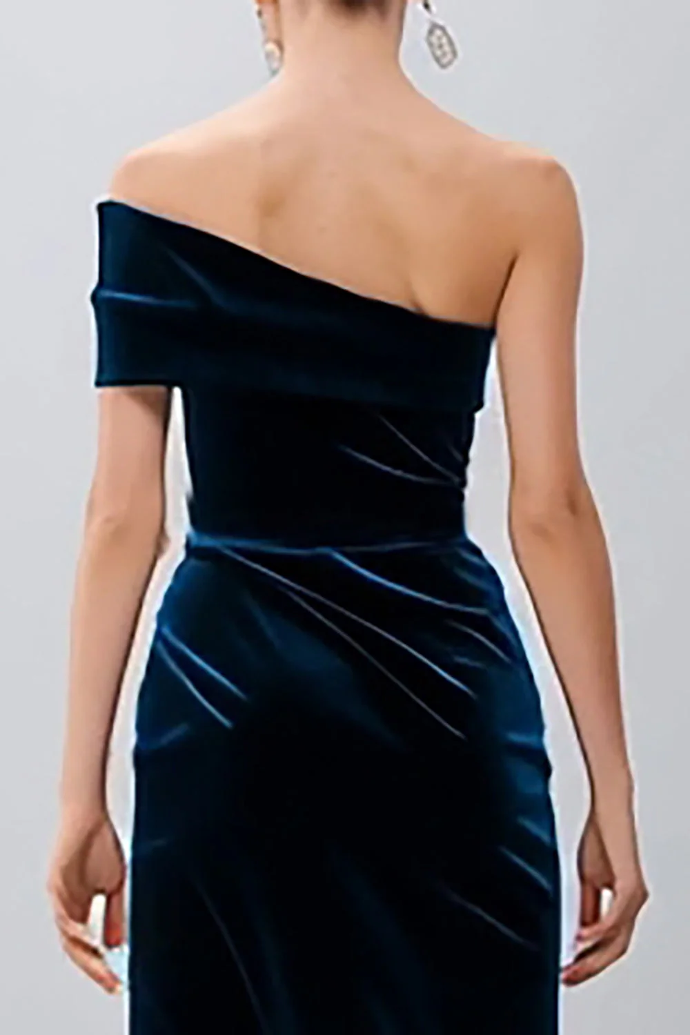 Navy One Shoulder Midi Sheath Velvet Formal Dress with Slit - Image 4
