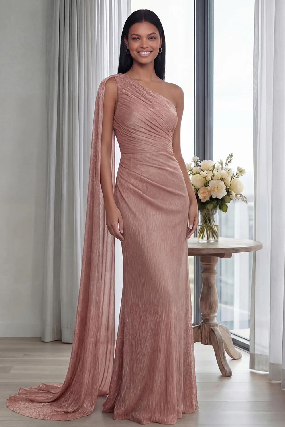 Navy One Shoulder Sheath Ruched Long Evening Dress with Side Cape - Image 10