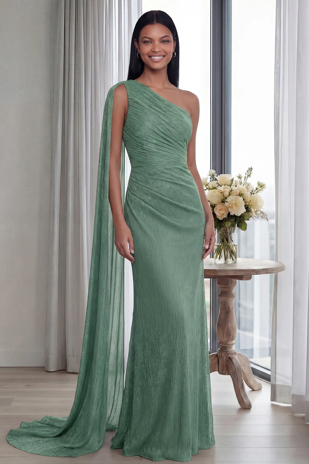 Navy One Shoulder Sheath Ruched Long Evening Dress with Side Cape - Image 11