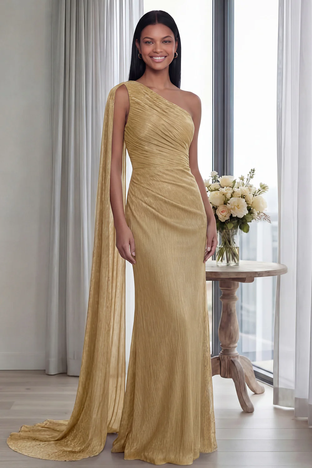 Navy One Shoulder Sheath Ruched Long Evening Dress with Side Cape - Image 12