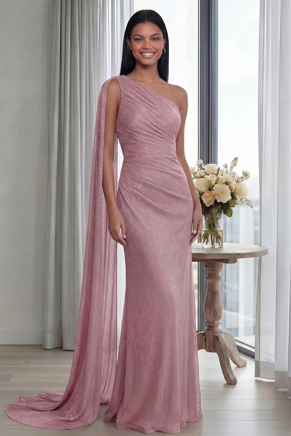Navy One Shoulder Sheath Ruched Long Evening Dress with Side Cape - Image 13