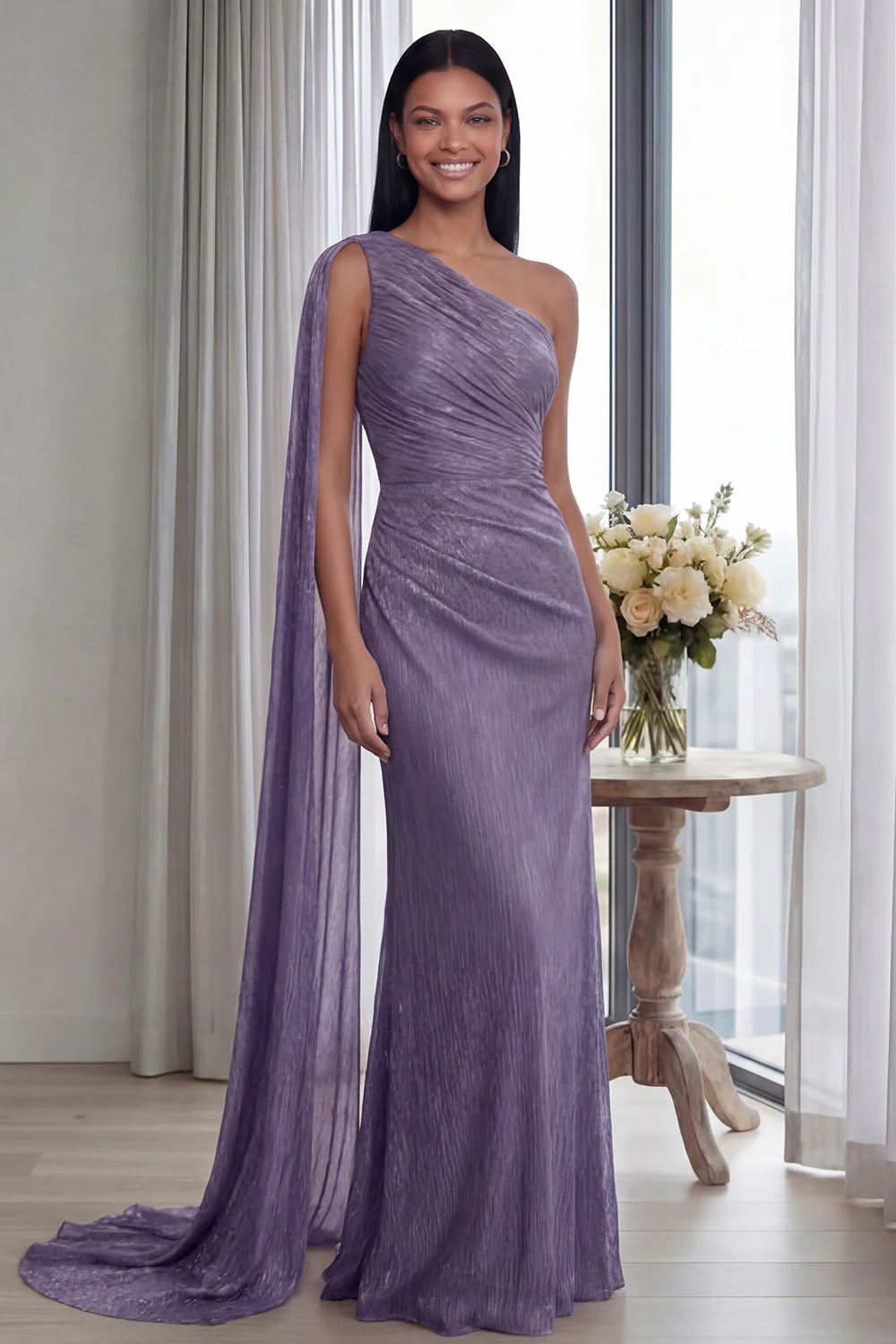 Navy One Shoulder Sheath Ruched Long Evening Dress with Side Cape - Image 14