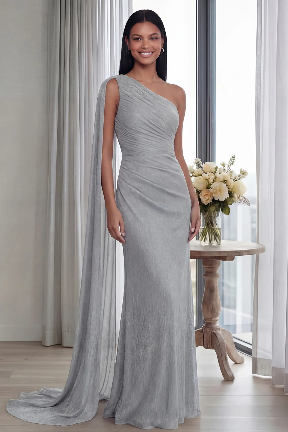 Navy One Shoulder Sheath Ruched Long Evening Dress with Side Cape - Image 15