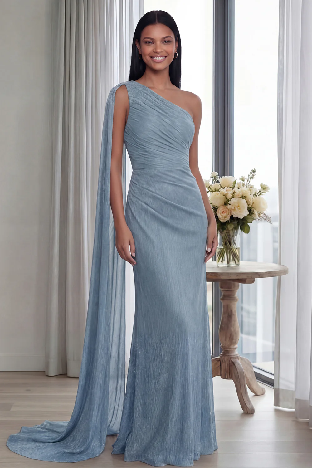 Navy One Shoulder Sheath Ruched Long Evening Dress with Side Cape - Image 16