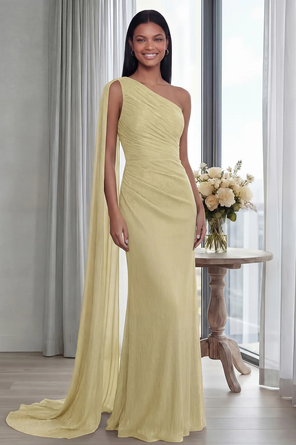 Navy One Shoulder Sheath Ruched Long Evening Dress with Side Cape - Image 17