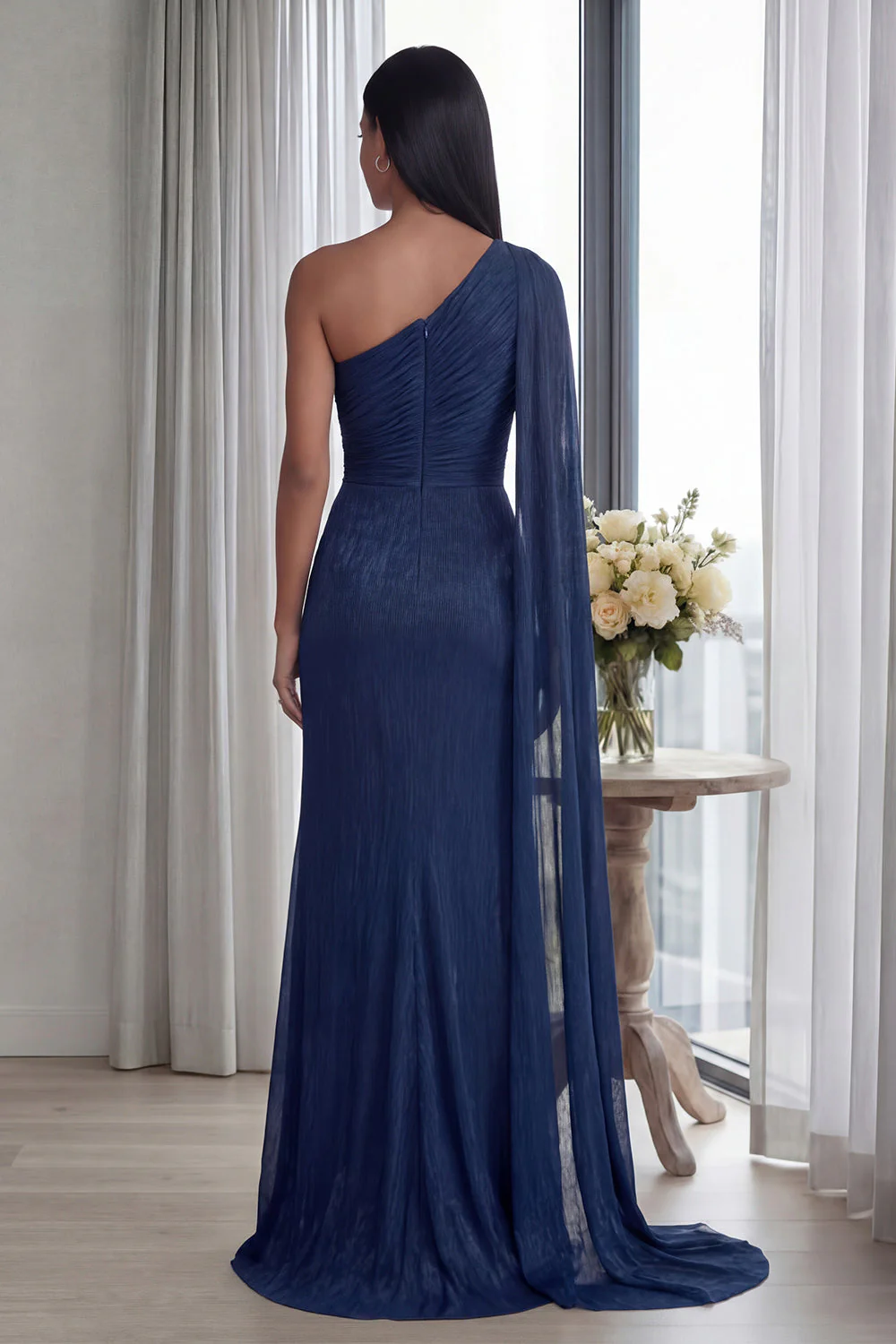 Navy One Shoulder Sheath Ruched Long Evening Dress with Side Cape - Image 2