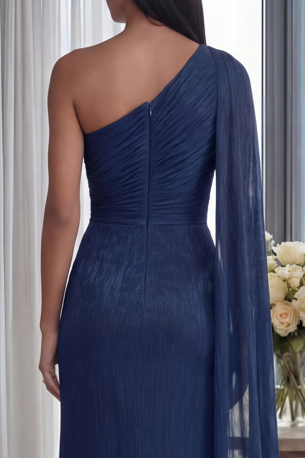 Navy One Shoulder Sheath Ruched Long Evening Dress with Side Cape - Image 4