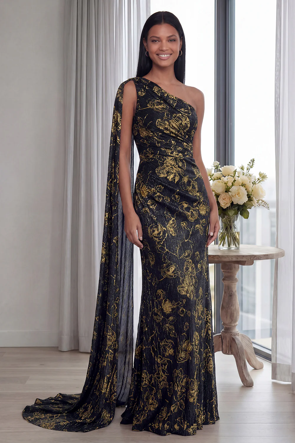 Navy One Shoulder Sheath Ruched Long Evening Dress with Side Cape - Image 5