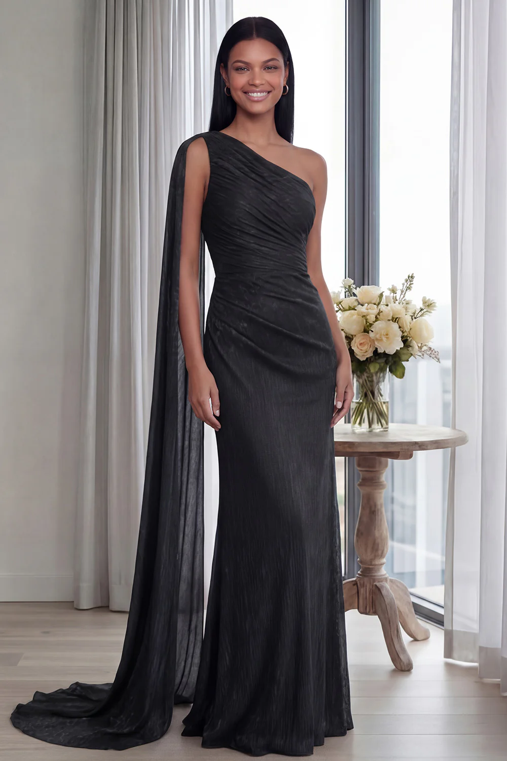 Navy One Shoulder Sheath Ruched Long Evening Dress with Side Cape - Image 6