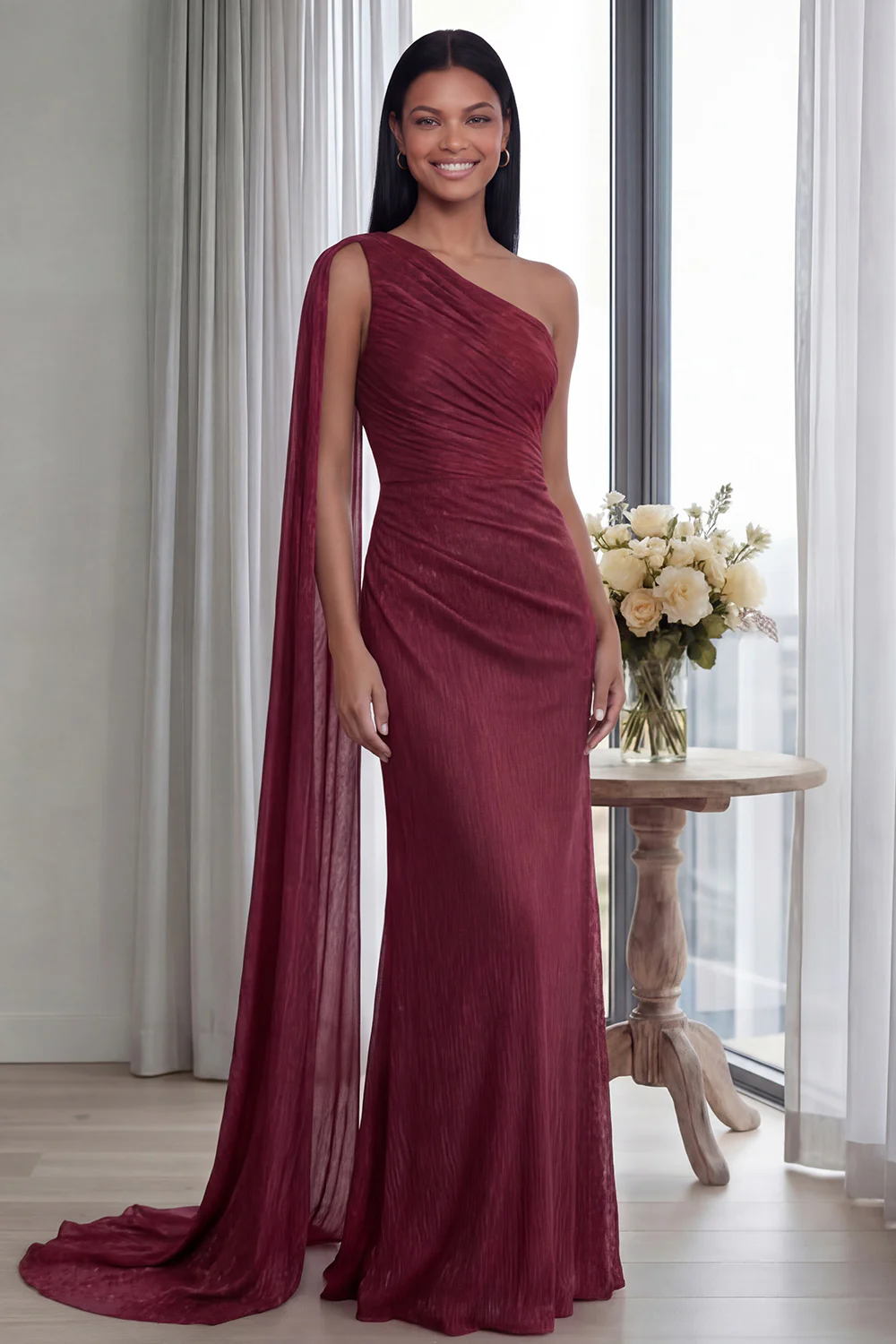 Navy One Shoulder Sheath Ruched Long Evening Dress with Side Cape - Image 7