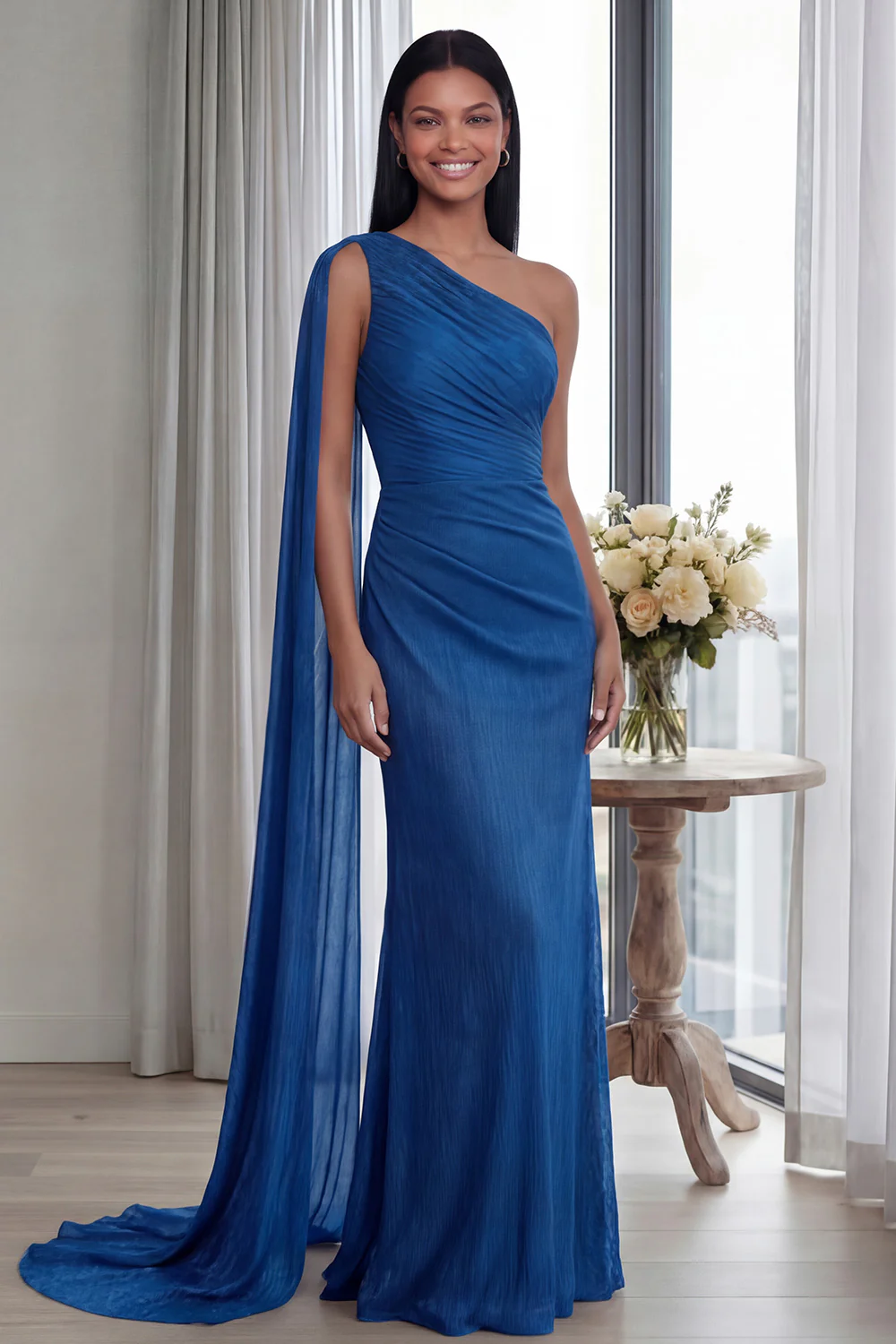 Navy One Shoulder Sheath Ruched Long Evening Dress with Side Cape - Image 8