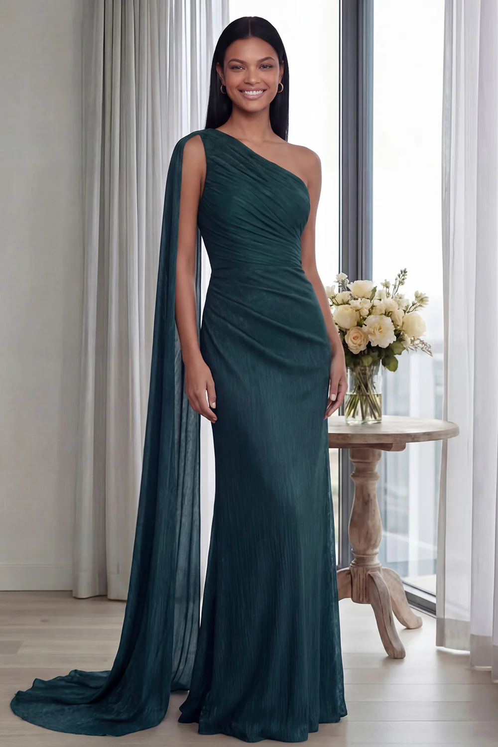 Navy One Shoulder Sheath Ruched Long Evening Dress with Side Cape - Image 9